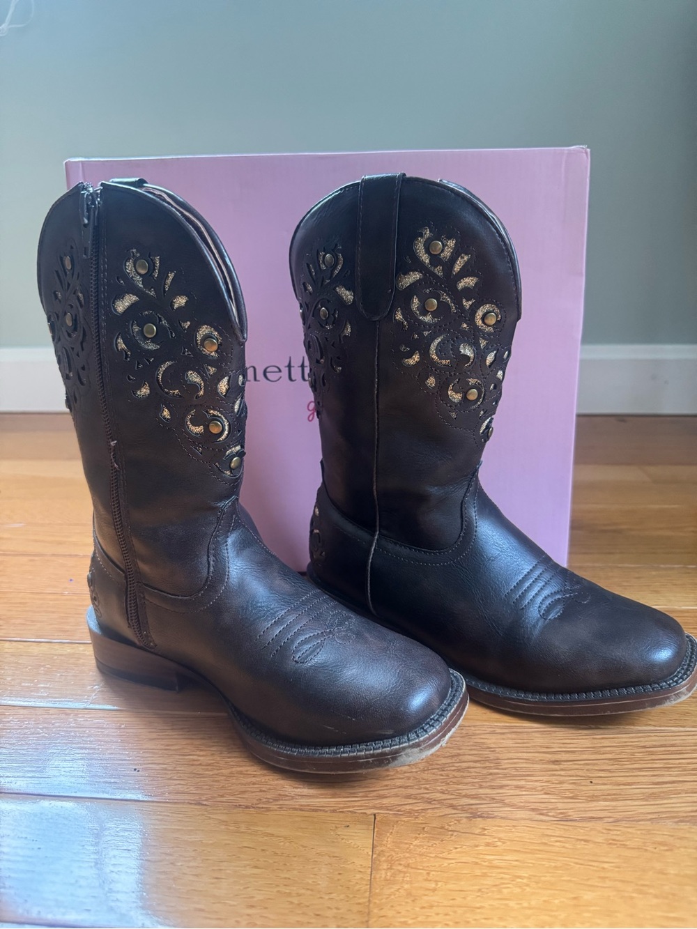 Nanette Lepore Girls size 13 Zip Cowboy Boots, Brown with Gold Glitter Cut-outs